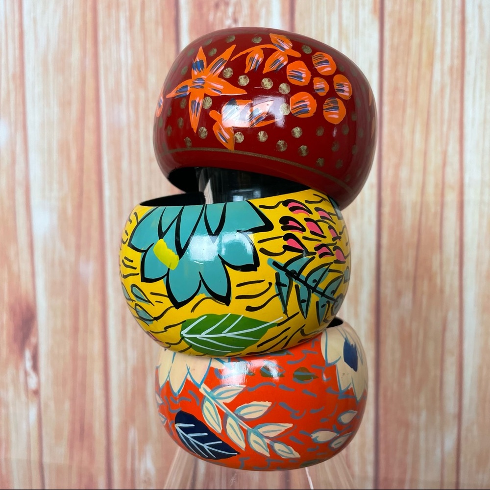 Stackable Wide Wooden Chunky Painted Bracelets (3… - image 2